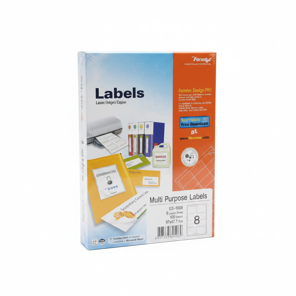 Formtec multi purpose labels GS-1008, 100 Sheets A4, 8 labels / ملصقات فورمتك متعددة الأغراض GS-1008، 100 ورقة A4، 8 ملصقات