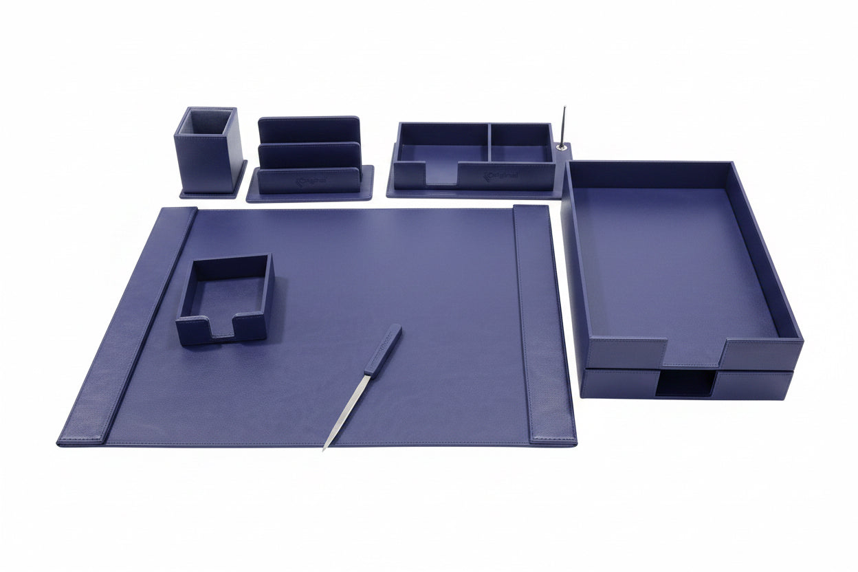 original office leather set dark blue 7 products / طقم مكتب جلد ازرق غامق اوريجينال