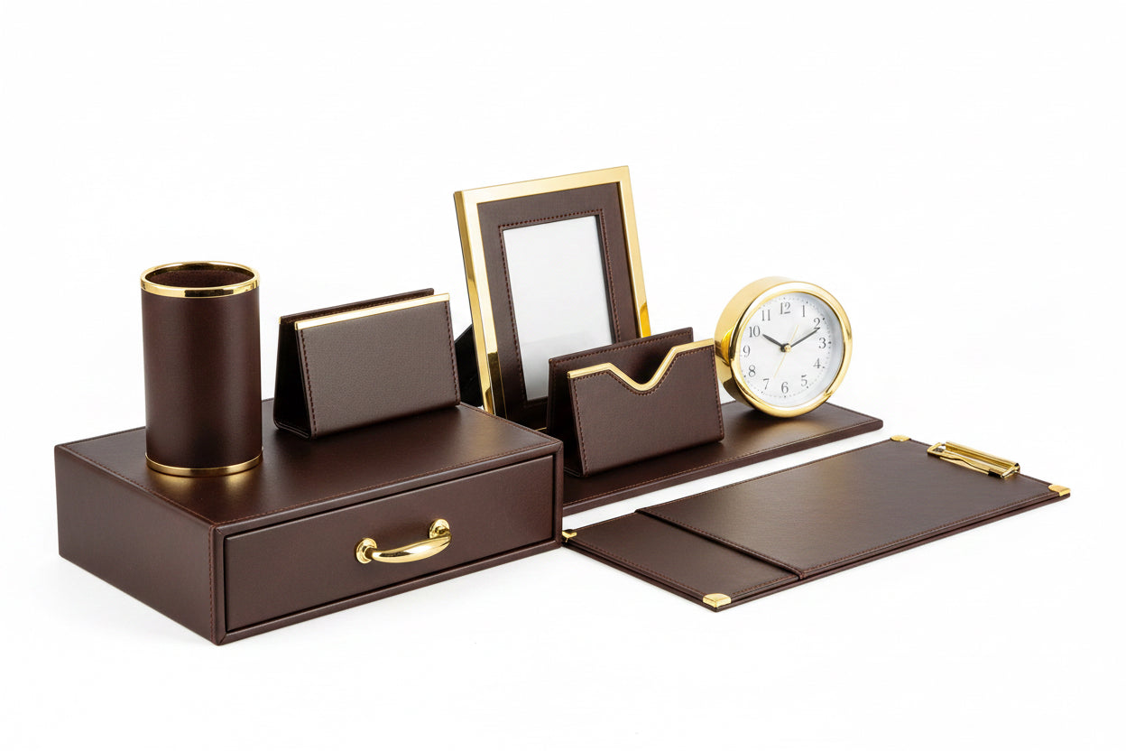 Desktop Set Dark Brown Leather 9 pcs
