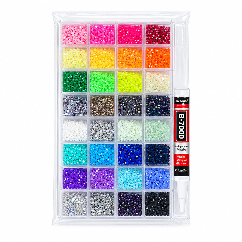 Rhinestone Craft Kit – 32 Compartments, 2 Glues / طقم كريستال للأشغال – 32 خانة، 2 صمغ
