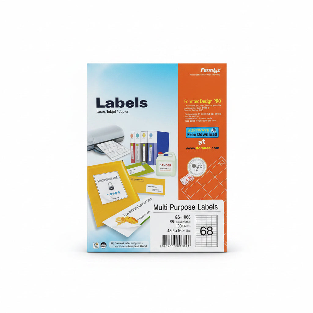 Formtec multi purpose labels GS-1068, 100 Sheets A4 / ملصقات فورمتك متعددة الأغراض GS-1068، عدد 100 ورقة بحجم A4