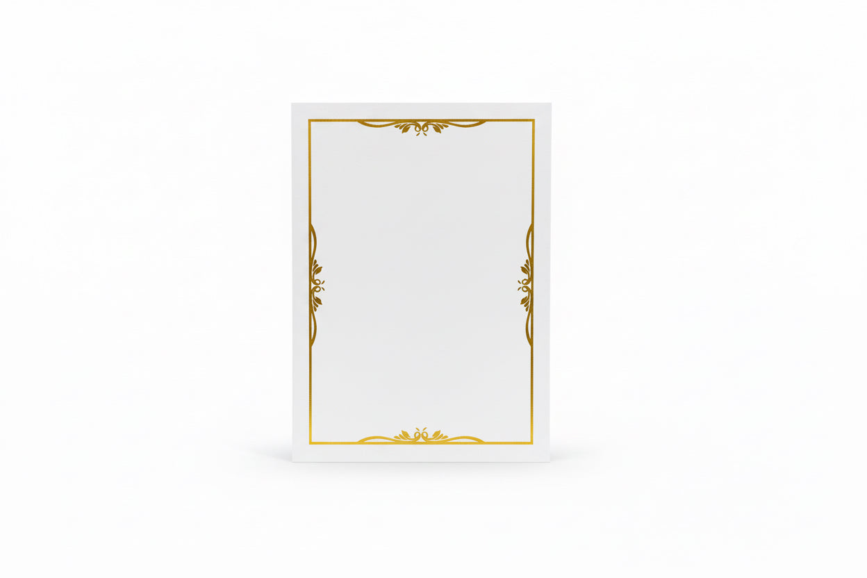 Blank white Certificate paper with gold foil border / ورق شهادات أبيض فارغ بإطار من رقائق ذهبية