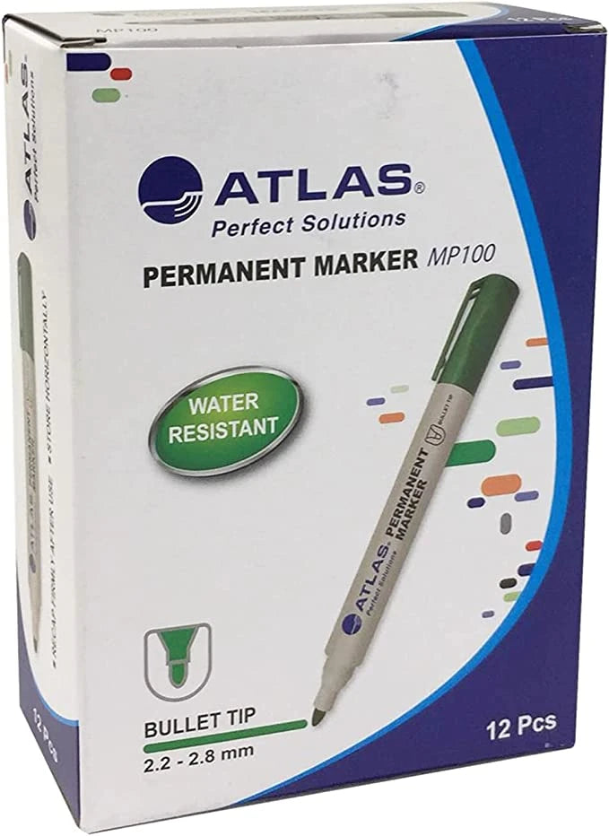 ATLAS PERMANENT MARKER MP100 Green x12 / أطلس ماركر دائم MP100 أخضر × 12