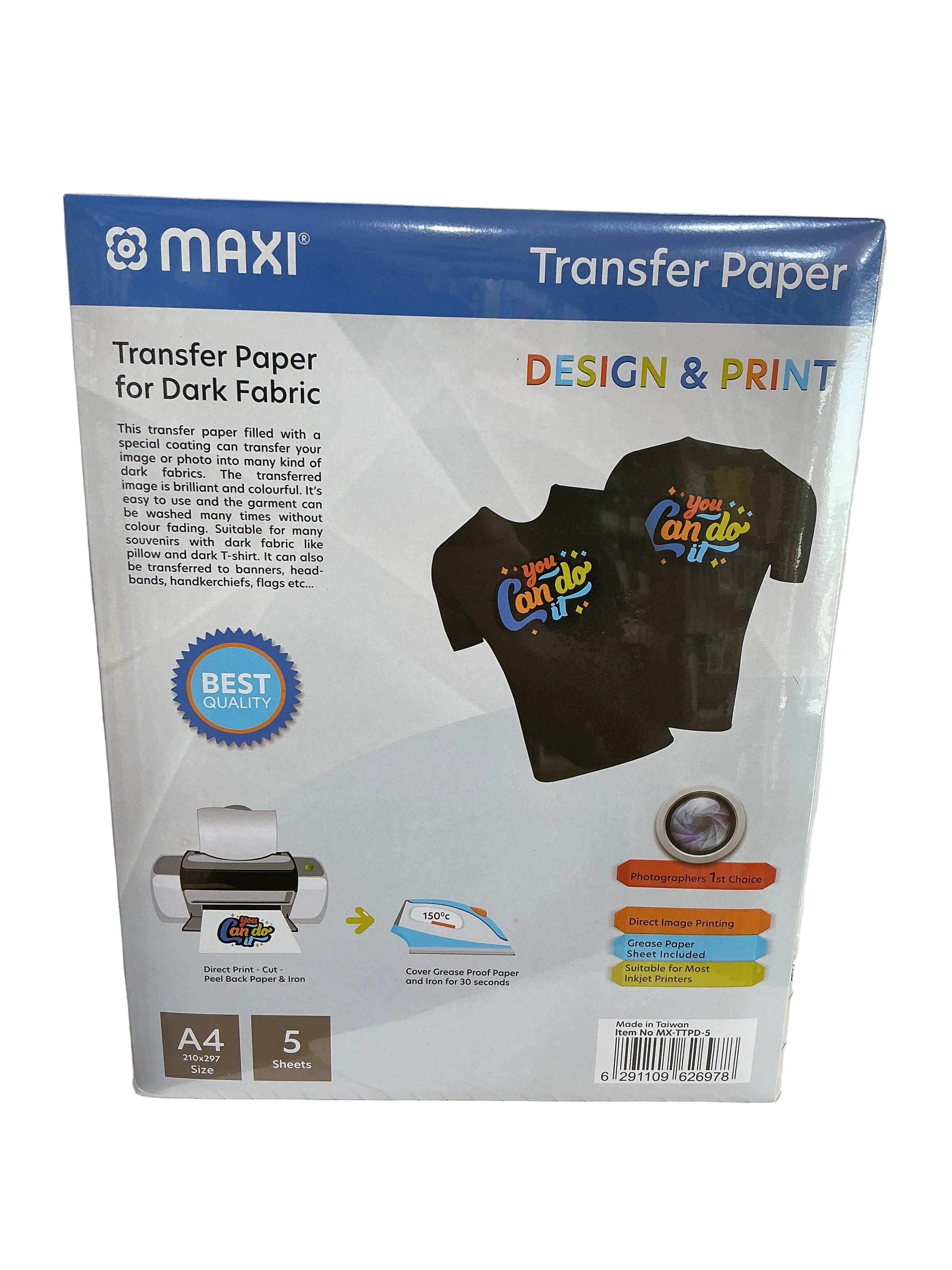 MAXI Transfer paper for Dark fabric A4 5 Sheets / ورق نقل ماكسي للأقمشة الداكنة A4 ‏5 أوراق