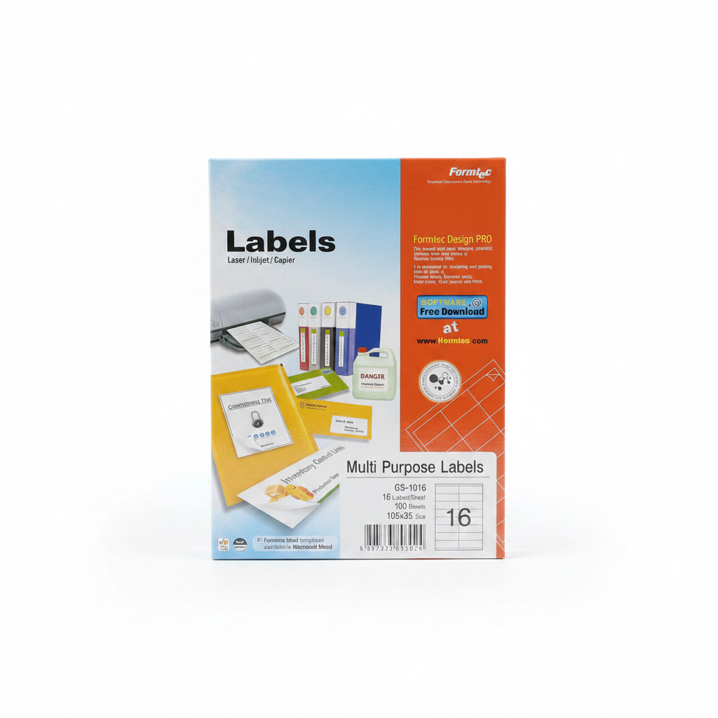Formtec multi purpose labels GS-1016, 100 Sheets A4 16 labels / ملصقات فورمتك متعددة الأغراض GS-1016، 100 ورقة A4، 16 ملصقاً