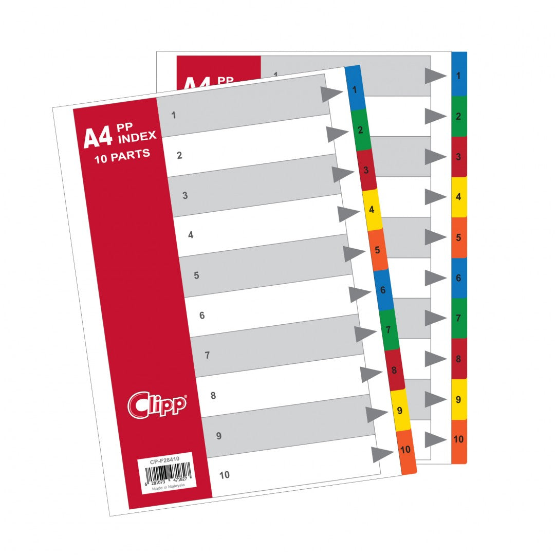 Clipp A4 PP COLOR INDEX 10 PARTS / فواصل ملونة مقاس A4 (بلاستيك PP) – 10 أقسام