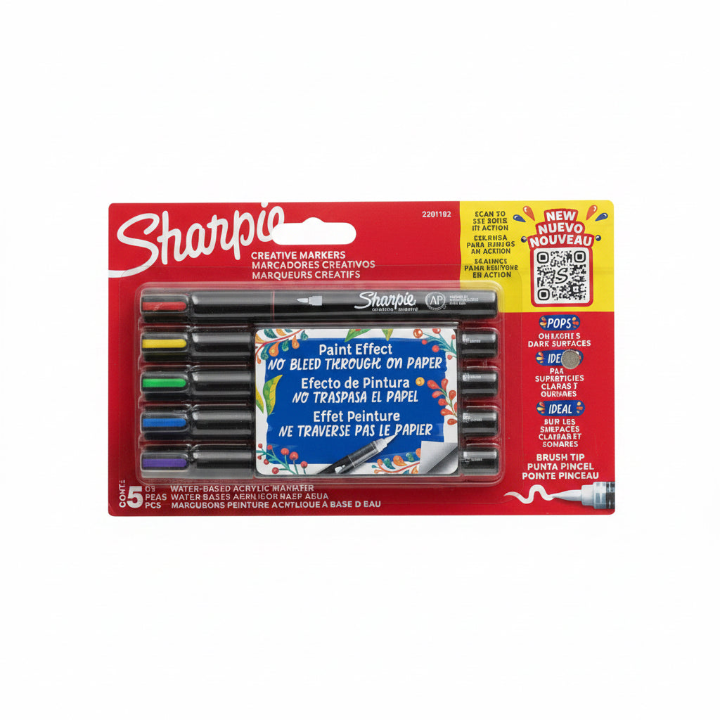 Sharpie Water-Based Acrylic Markers Brush Tip 5 Pcs / أقلام ماركر شاربي أكريليك مائية بسن فرشاة ٥ قطع
