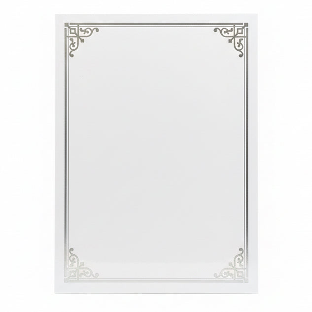 Blank white certificate Paper with Silver foil border / ورق شهادات أبيض فارغ بإطار من رقائق فضية