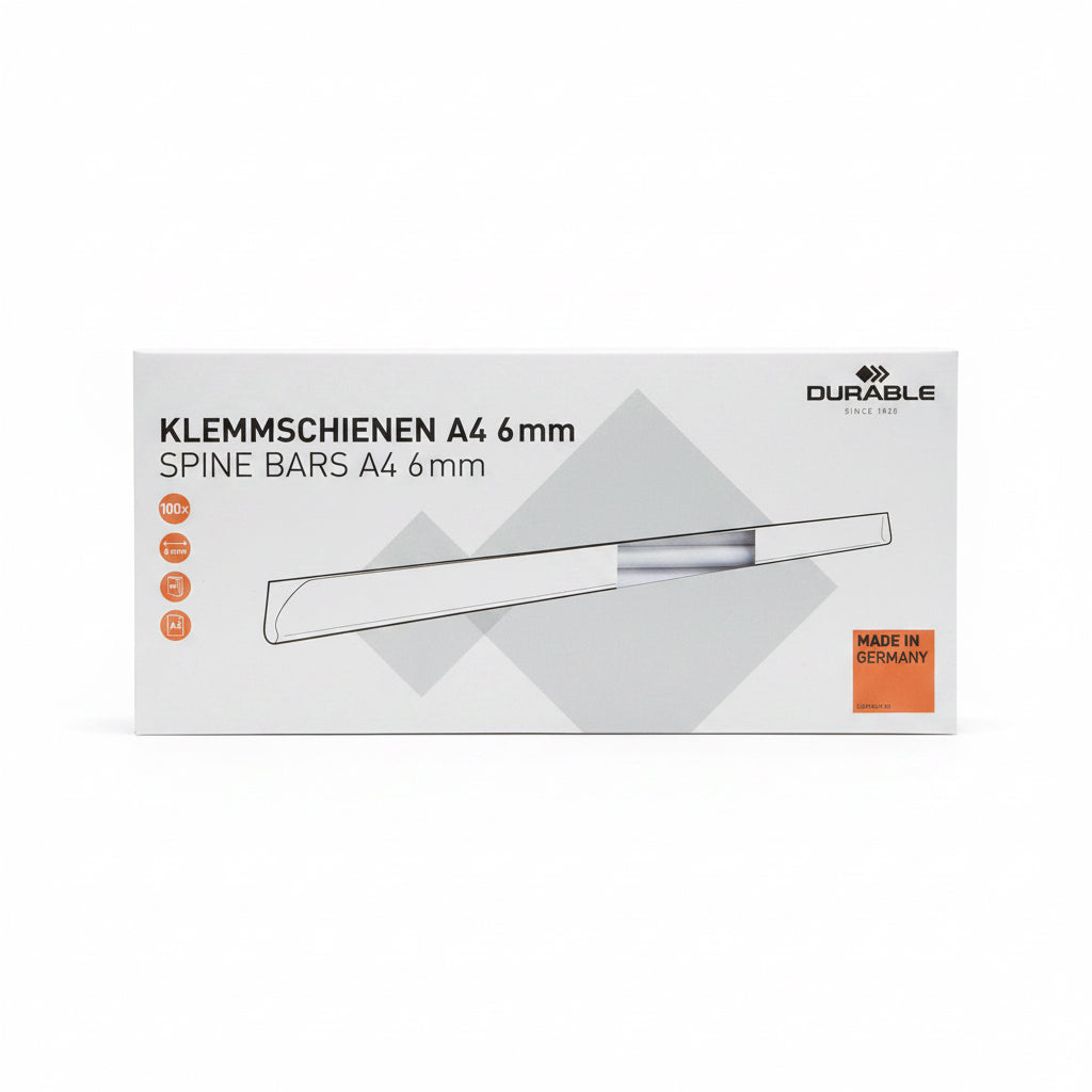 DURABLE Spine Bars A4 6mm White x100 / أشرطة تجليد متينة A4 بسمك 6 مم – لون أبيض (100 قطعة)