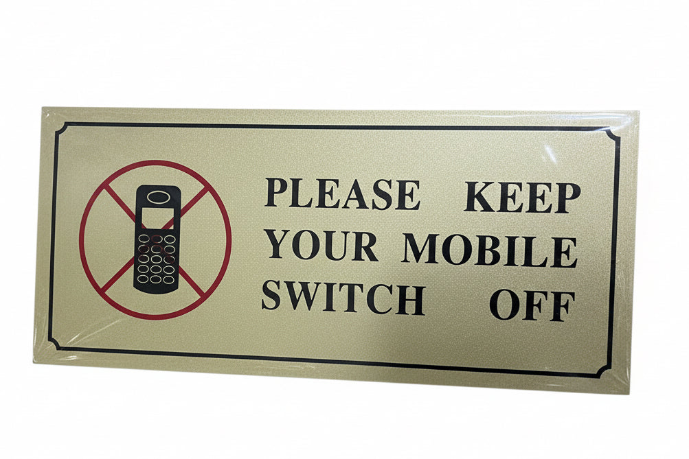 PLEASE KEEP YOUR MOBILE SWITCH OFF Sign Gold / لافتة «يرجى إبقاء الهاتف المحمول مغلقًا» – لون ذهبي
