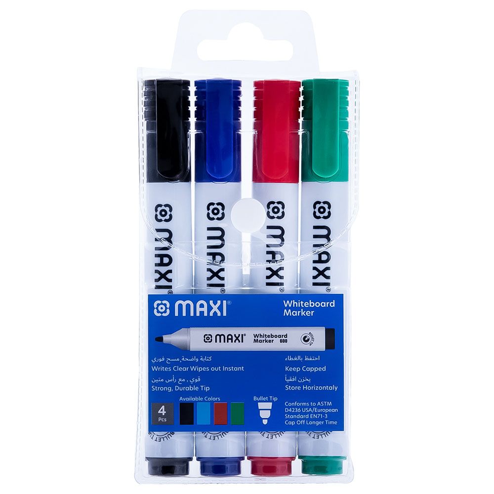 MAXI Whiteboard 4 Color Markers Bullet tip / أقلام سبورة ماكسي بأربعة ألوان، رأس دائري