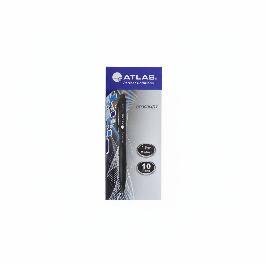 ATLAS BP300MRT 1.0mm medium 10 Pens Black / مجموعة 10 أقلام حبر جاف ATLAS، رأس متوسط 1.0 مم، لون اسود