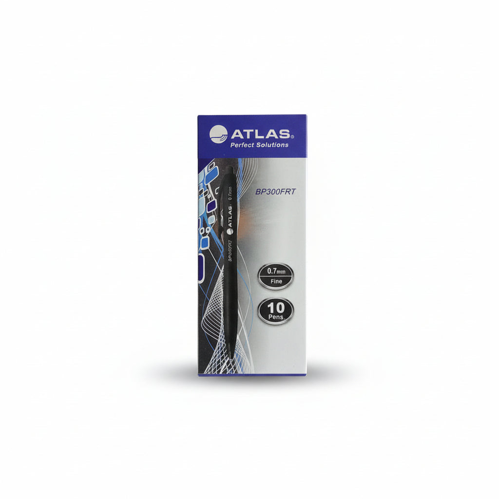 ATLAS BP300FRT 0.7mm Fine 10 Pens Black / مجموعة 10 أقلام حبر جاف ATLAS، رأس رفيع 0.7 مم، لون اسود