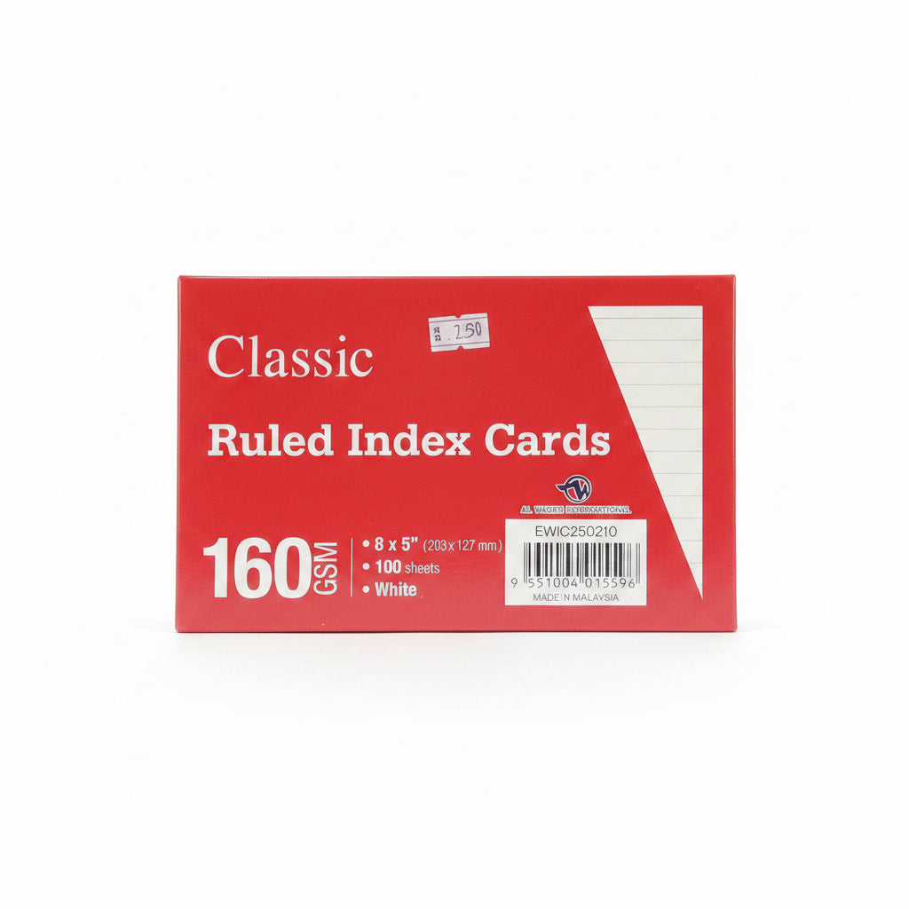 Classic Ruled Index Cards – 8” x 5” (160 GSM, White, 100 Sheets)