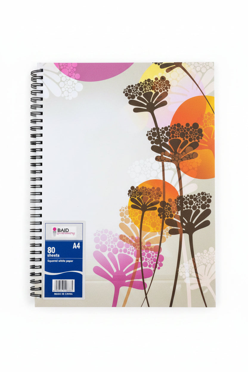 BAID Spiral Notebook A4 Squared 80 Sheets – Floral Cover / دفتر سلك بايد A4 مربعات 80 ورقة – غلاف زهور