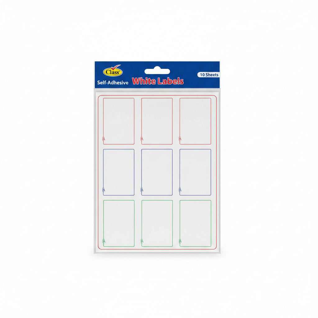 Class Self-Adhesive White Labels 45 × 65 mm – 10 Sheets / ملصقات كلاس بيضاء ذاتية اللصق 45×65 مم – 10 أوراق