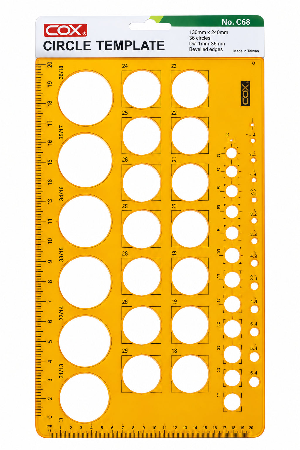 COX Circle Template No. C68 – 36 Circles, 1–36 mm / قالب دوائر كوكس رقم C68 – 36 دائرة، 1–36 مم
