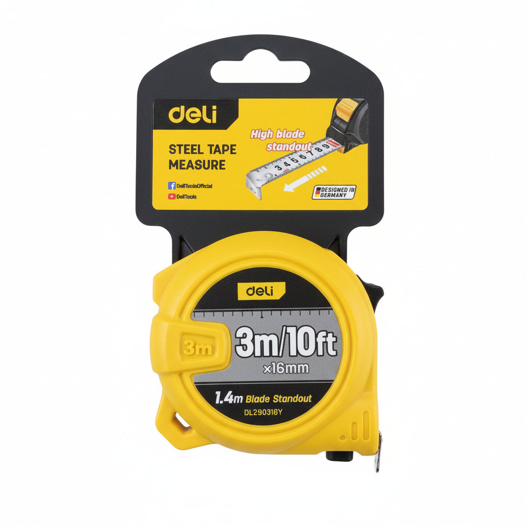 Deli Steel Tape Measure 3m/10ft × 16mm – DL290316Y / شريط قياس فولاذ دِلي 3 م/10 قدم × 16 مم – موديل DL290316Y