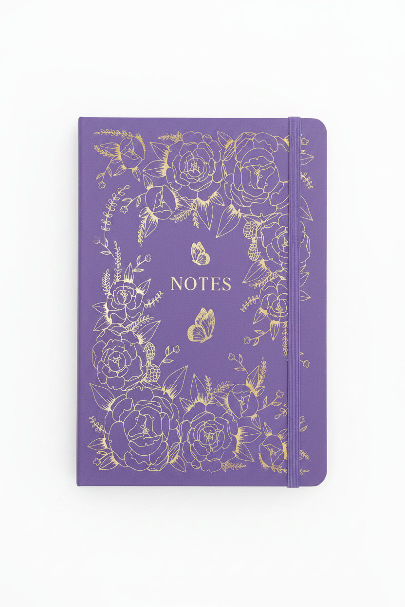 Hardcover Notes Journal – Purple with Gold Flowers / دفتر ملاحظات بغلاف صلب – بنفسجي بزهور ذهبية