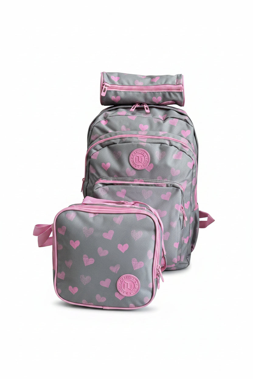 TWINS Hearts School Set 18 inch – Grey and Pink / طقم مدرسي توينز قلوب 18 إنش – رمادي ووردي
